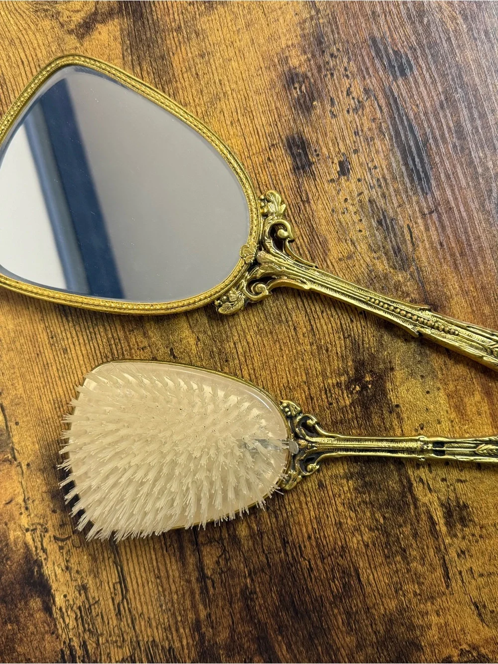 Vintage Gold Hand Mirror & Brush Set